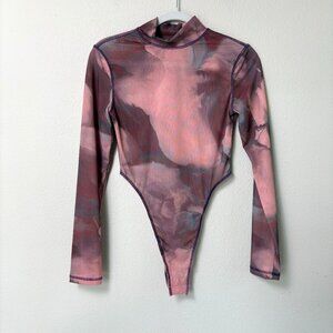 Oh Polly Bodysuit Size 6 Pink Purple Mesh Long Sleeve Mock High Neck